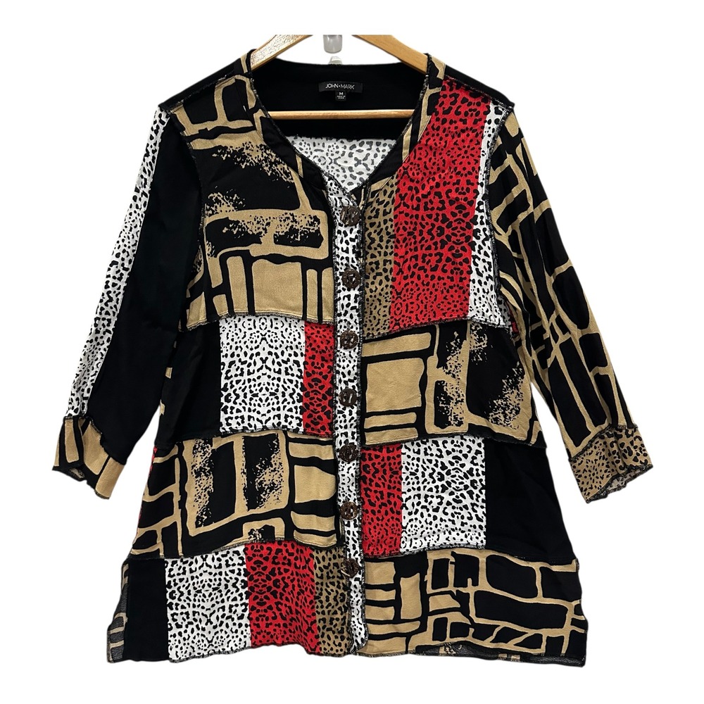 John Mark Womens Mixed Print Patchwork Button Front Tunic Top Animal Geo Medium